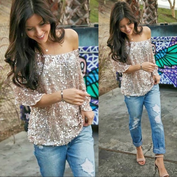 off shoulder sequin top rose gold